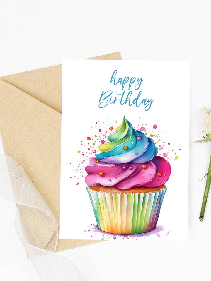 Happy Birthday — Umweltfreundliche Regenbogen-Cupcake-Geburtstagskarte für den Großhandel von Homemade Hollydays Wholesale