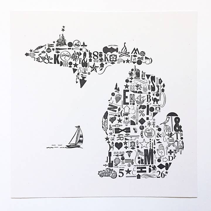 12x12 Letterpress Print - Michigan for wholesale by Runaway Press