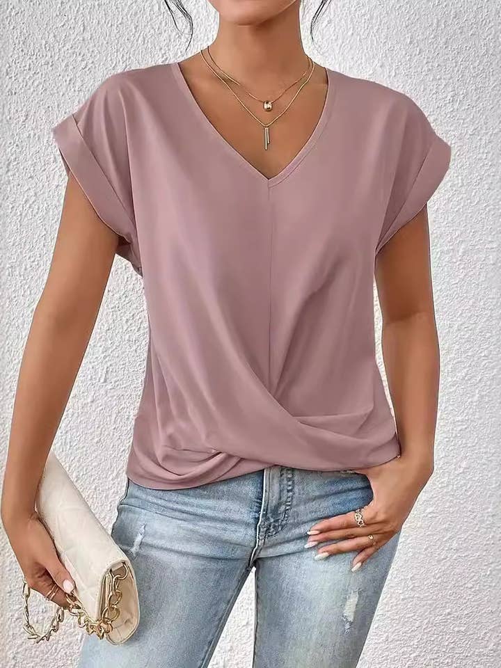 Rosa Clothing - Wholesale T-Shirt - Women's - Solid Color V-Neck T-Shirt Elegant Short Sleeve Top
