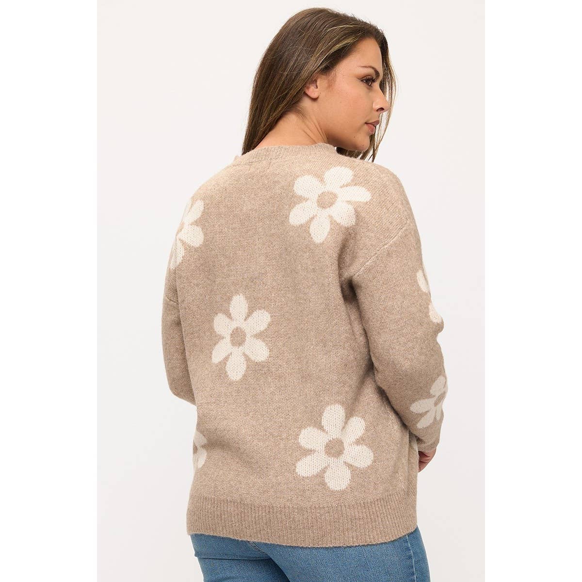 Curve Market - Wholesale Knit Sweater - Women's - PLUS SIZE FLORAL PATTERN CREWNECK SWEATER TOP3