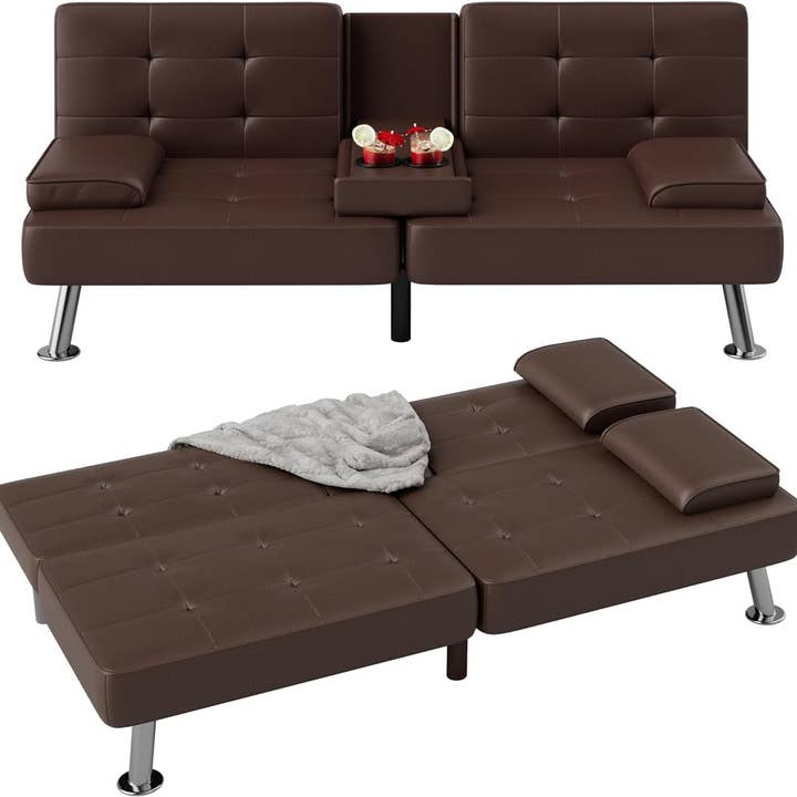 Brown Futon Sofa Bed Modern Folding Futon Set Convertible Recliner Lounge for Living Room with 2 Cup Holders, Removable Armrests (PU Leather, Brown) for wholesale on Faire