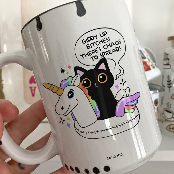 Giddy Up Bitches - Caneca Engraçada, Gato Preto, Unicórnio, Sarcástico por atacado de coco+bie designs