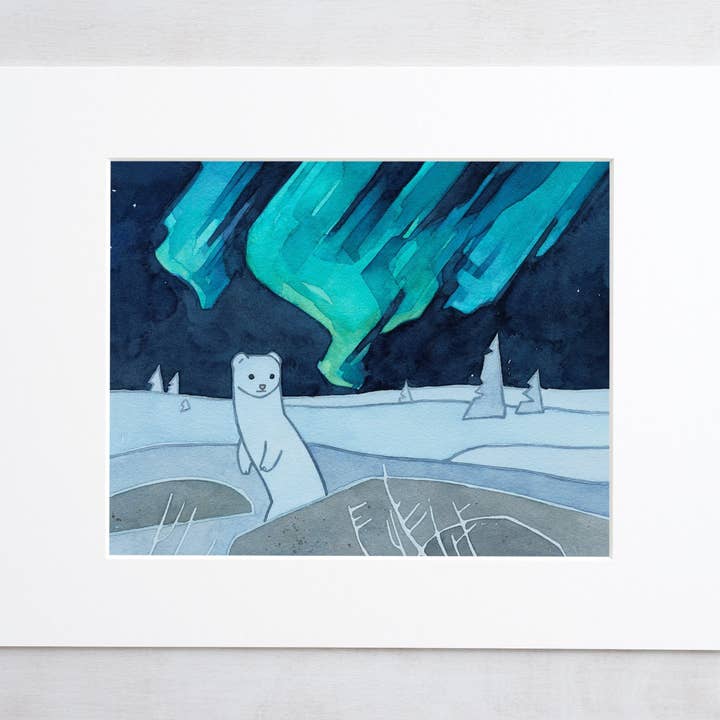 Ermine Weasel Northern Lights Art Print for wholesale by Studio Tuesday