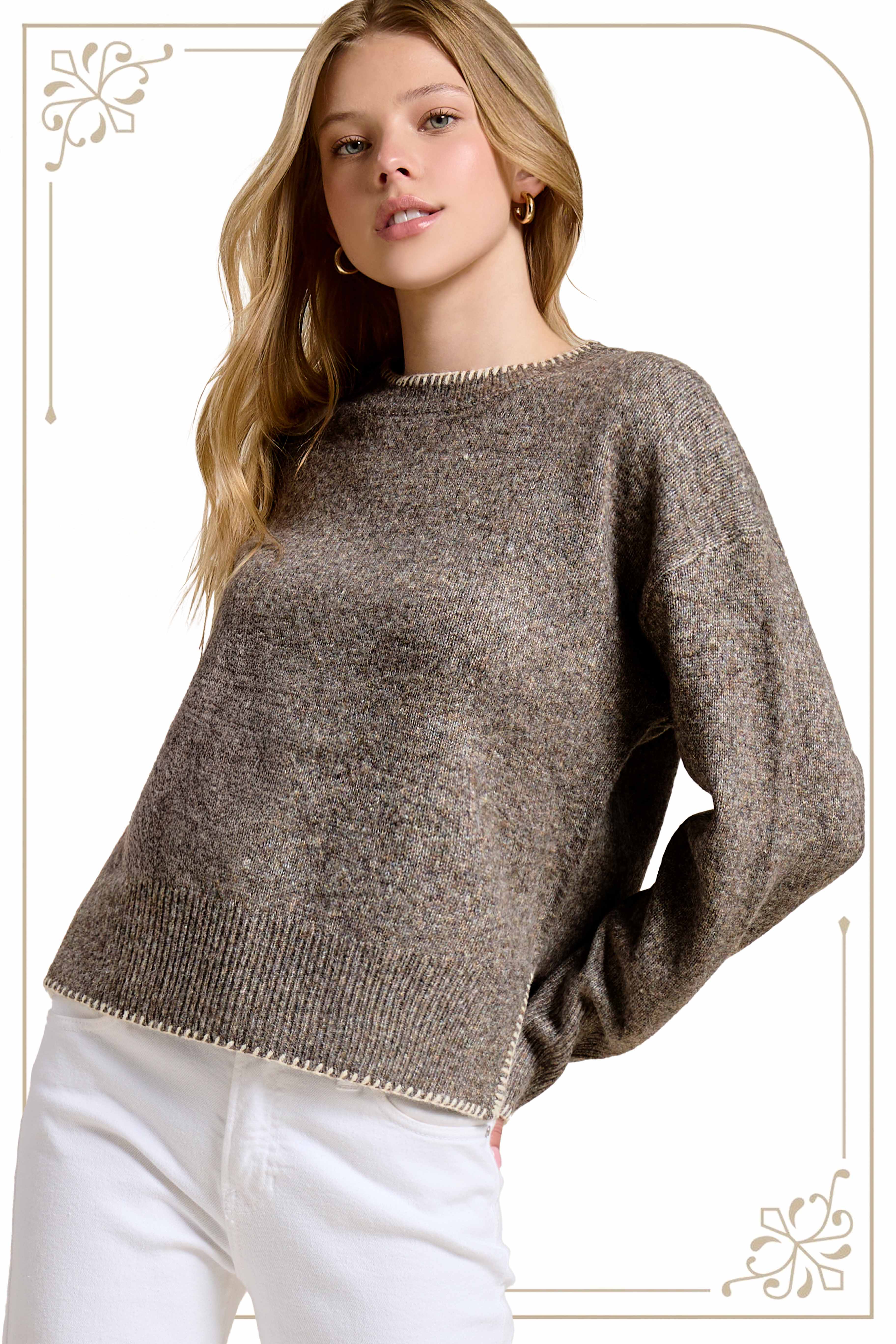 La Miel - Wholesale Knit Sweater - Women's - JDS3607-Hi-Low Crew Neck Sweater W/ Contrast Blanket Stitch4