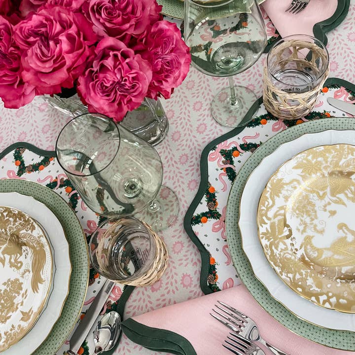 Fenwick Fields - Wholesale Placemat - Round Scalloped Placemat | Holiday Wreath Peony Pink with Pine Trim (4 pack)