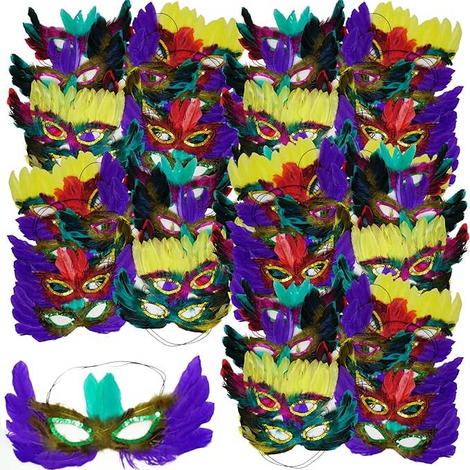 4E's Novelty 50-Pack Feathered Mardi Gras Masks for Adults Masquerade Party Accessories for wholesale by 4E's Novelty