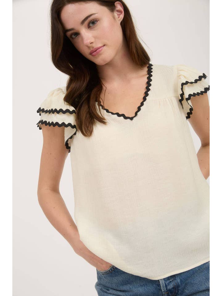 MINE - Wholesale Blouse - Women's - V NECK WAVY TRIM RUFFLE SLEEVE TOP4