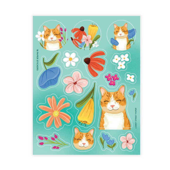 Feuille d'autocollants en papier Jardin de fleurs Chat orange pour la vente par Grey Street Paper