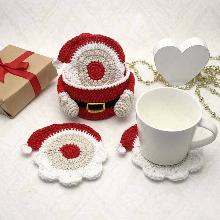 Set of 4 Crochet Santa Coasters with Basket, Christmas Decor for wholesale by TOMOPOD LLC