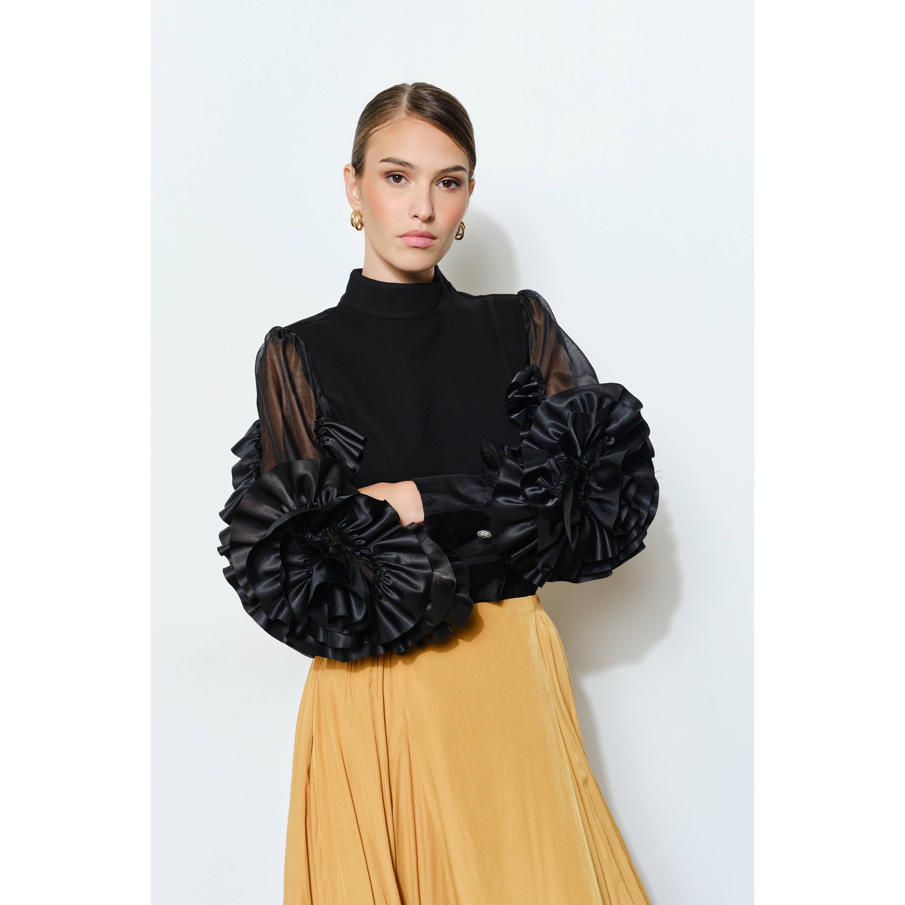 INA - Wholesale Blouse - Women's - Rosette Ruffle Sheer Sleeve Jersey Top2
