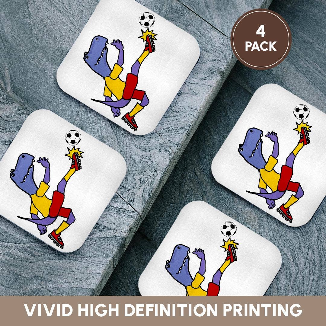 3dRose - Wholesale Coasters - 3dRose, Cute funny T-rex Dinosaur Playing Soccer Kicking Ball Cartoon Sports, Coaster12