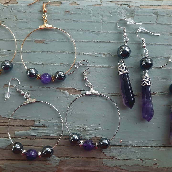 Secret Synergy Stones - Vente Boucles d'oreilles pendantes - Boucles d'oreilles EMF 5G - améthyste, shungite, tourmaline noire, hématite