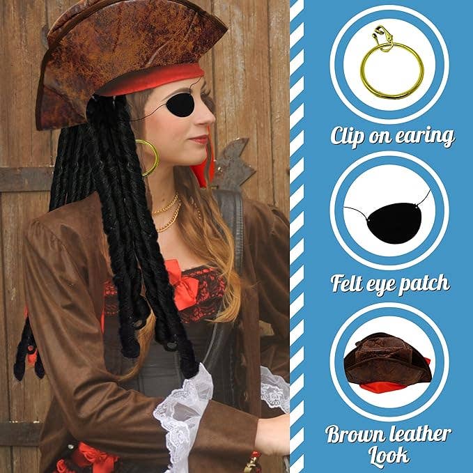 4E's Novelty - Vente Déguisement – unisexe - Ensemble de 3 accessoires pour pirates : cache-œil, chapeau de pirate avec cheveux dreadlocks et bandana rouge5