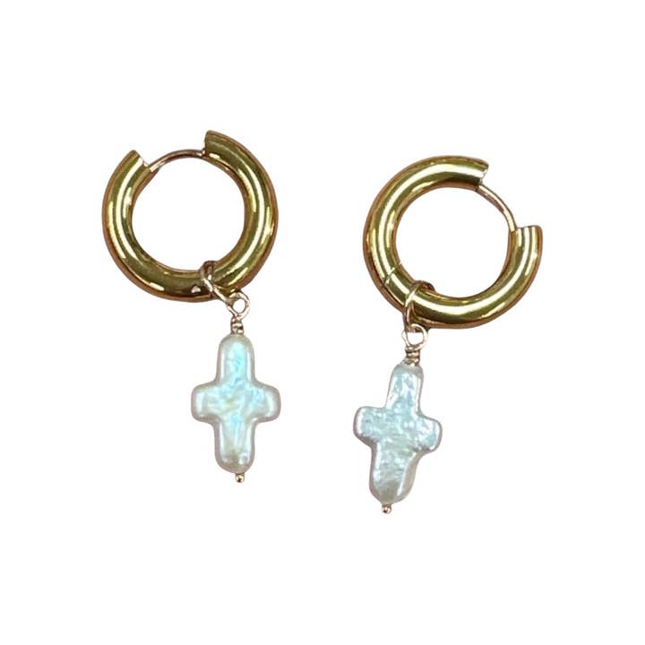 Sea Bones - Wholesale Dangle Earrings - CHUNKY PEARL CROSS HOOPS