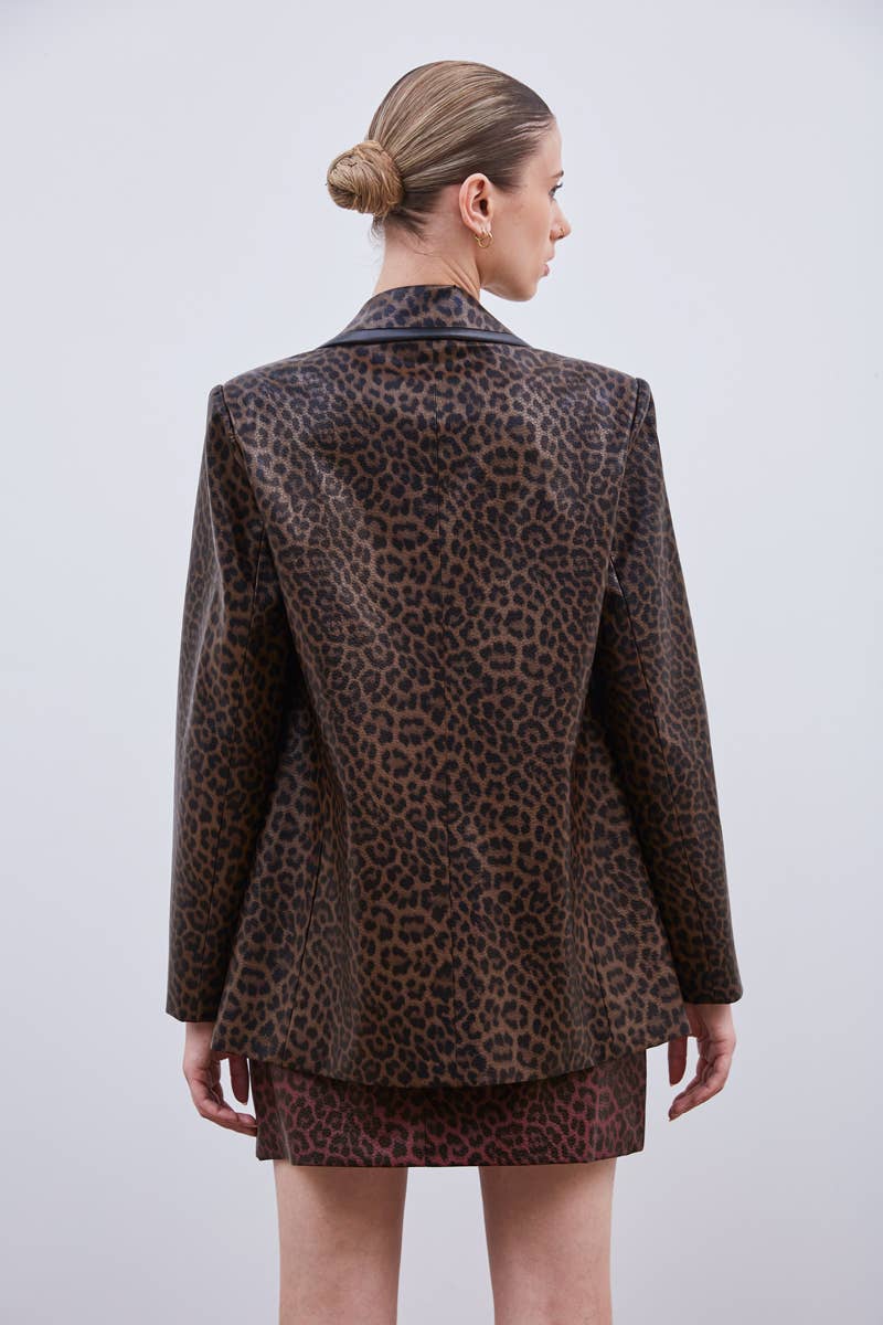 Brown Leopard faux leather blazer jacket with black trim for wholesale on Faire3