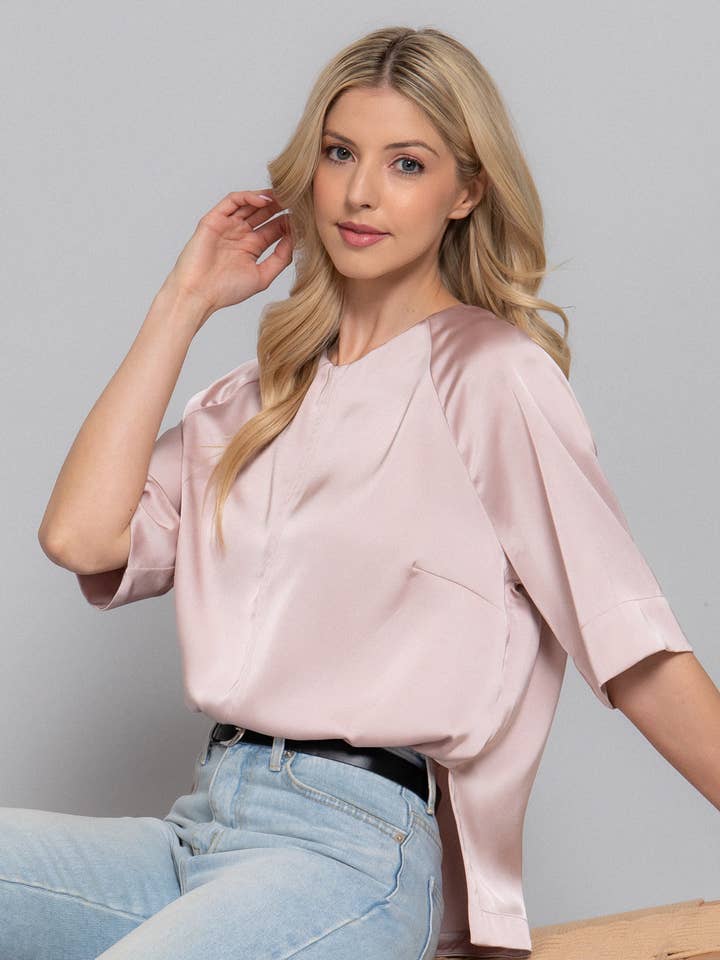 Active Basic | Active USA - Wholesale Blouse – Women’s - Raglan Elbow Sleeve Side Slit Back Closure Satin Blouse10