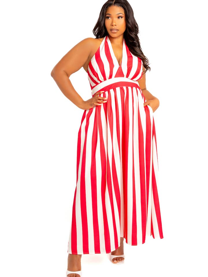 VESTIDO MAXI COM DECOTE HALTER ÀS RISCAS por atacado de J2 FASHION