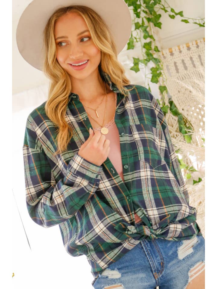 Vine & Love - Wholesale Button Down Shirt - Women's - Collared Pocket Detail Plaid Shirts Top VT50206Q