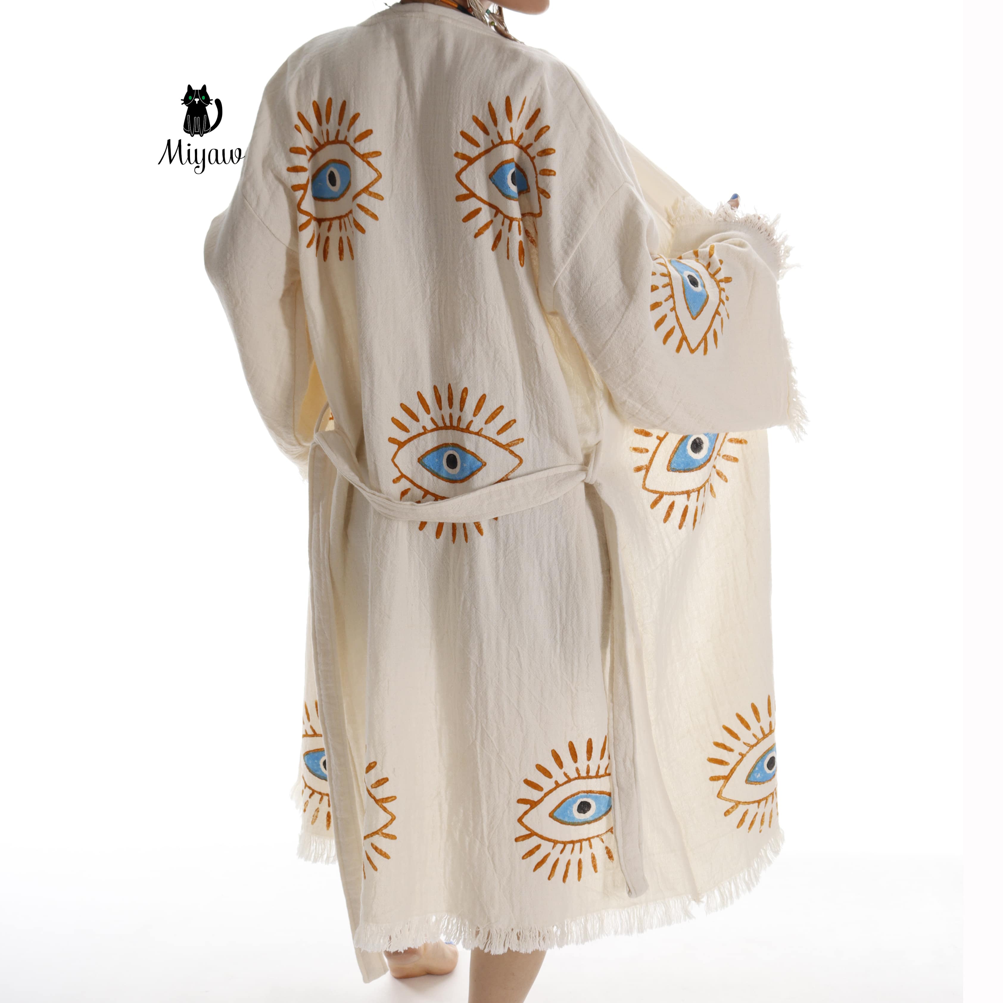 Beige Evil Eye Handmade Cotton Kimono Robe - Eco-Friendly for wholesale on Faire1