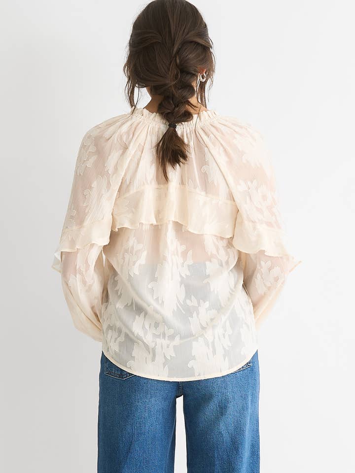 GINI LONDON - Wholesale Blouse - Women's - Cream Jacquard Floral Long Sleeve Blouse1