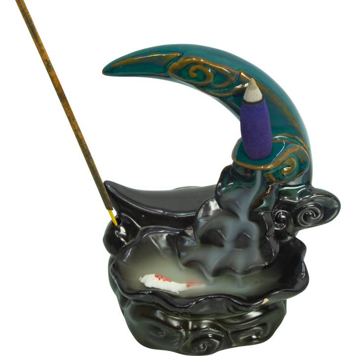 Kheops International - Wholesale Incense Holder - Ceramic Backflow Incense Burner - Koi Fish Moon (Each)