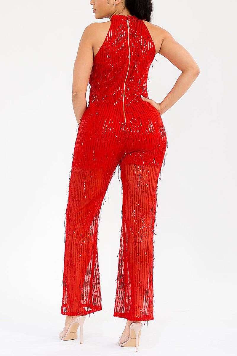 Red SLEEVELESS HALTER NECK SEQUINS WIDE LEG JUMPSUIT for wholesale on Faire2