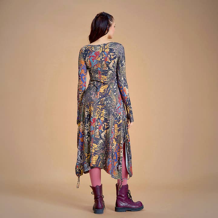 Los Banditos - Wholesale Dress - Women's - Boat Neck Thumb Hole Side Strings Brown Pattern Boho Dress2