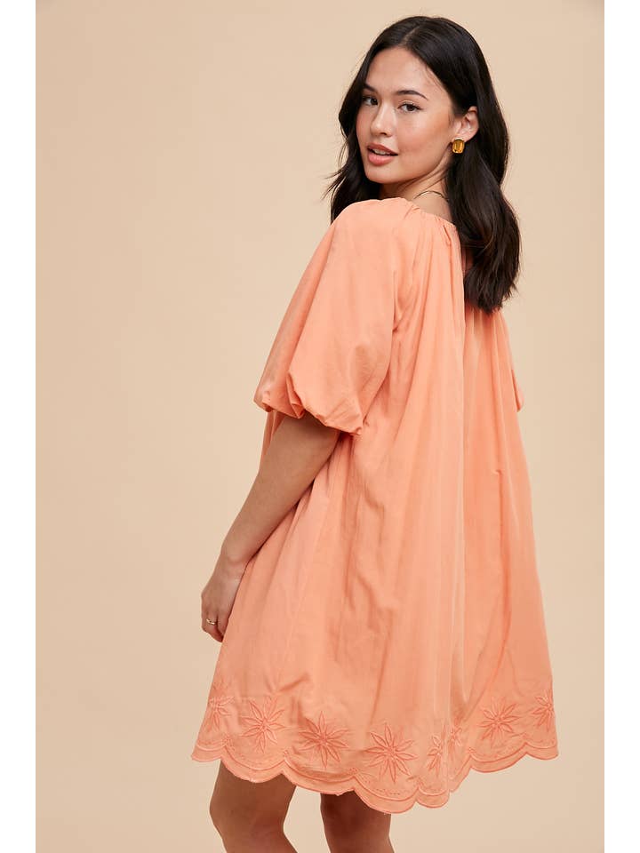APRICOT CRUSH PUFF SLEEVE EMBROIDERED COTTON MODAL DRESS for wholesale on Faire