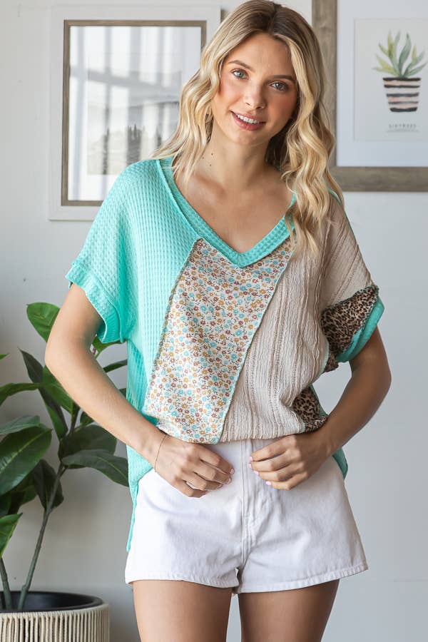 7th Ray - Wholesale Tunic - Women's - Multi Fabric Patchwork V neck Short Sleeve Top T59415