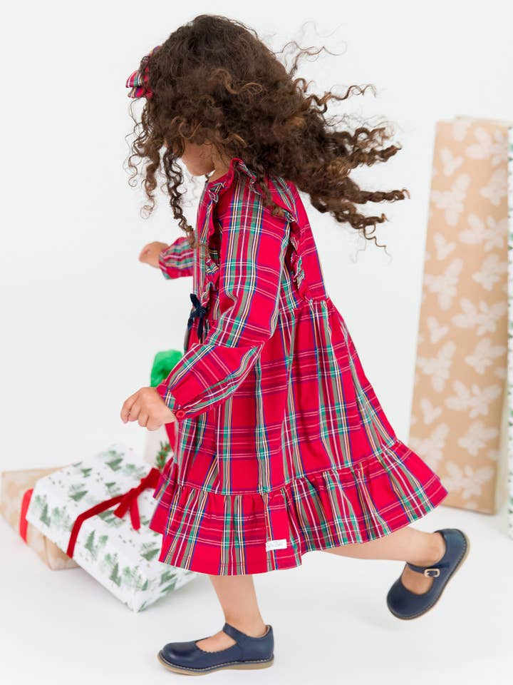 Girls Red Nicholas Plaid Ruffle Bow Dress for wholesale on Faire