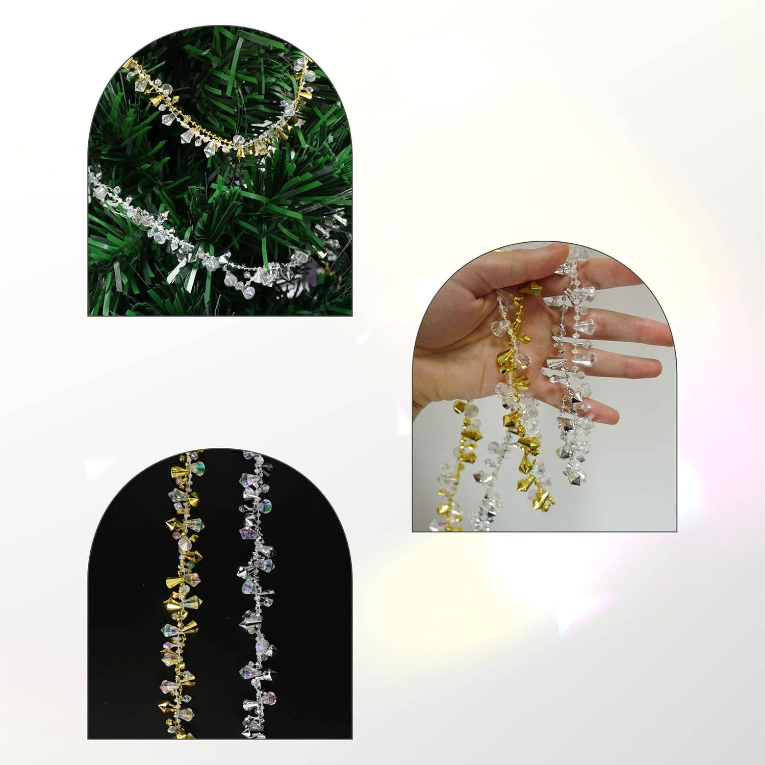 4E's Novelty - Wholesale Bunting/Garland - 40 Ft Long Set of 4 Silver & Gold Crystal Beaded Christmas Tree Garland Ornaments7