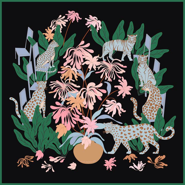 Double Sided Silk Scarf Night Jungle Gathering for wholesale by Jessie Zhao New York
