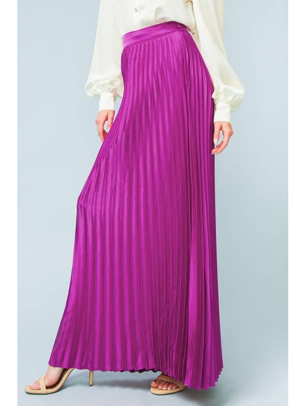 MAGENTA PLEATED SATIN MAXI SKIRT for wholesale on Faire