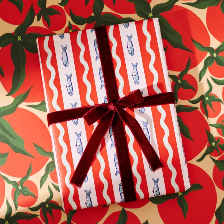 One & Only Paper - Wholesale Wrapping Paper Roll - Squiggle Sardine Stripe & Tomato Double Sided Gift Wrap Set0