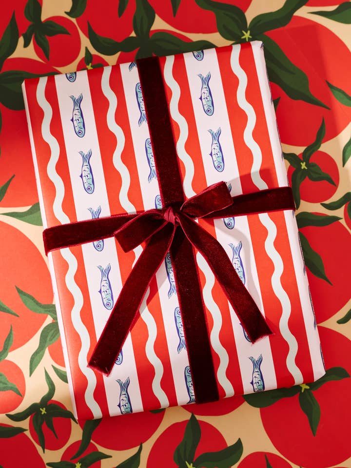 Squiggle Sardine Stripe & Tomato Double Sided Gift Wrap Set for wholesale by One & Only Paper