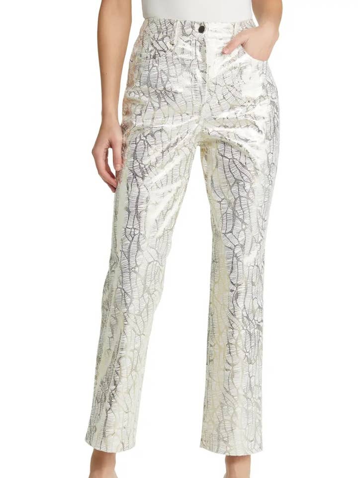 Pantalon droit taille haute à imprimé métallique Lupe pour la vente par Amy Lynn