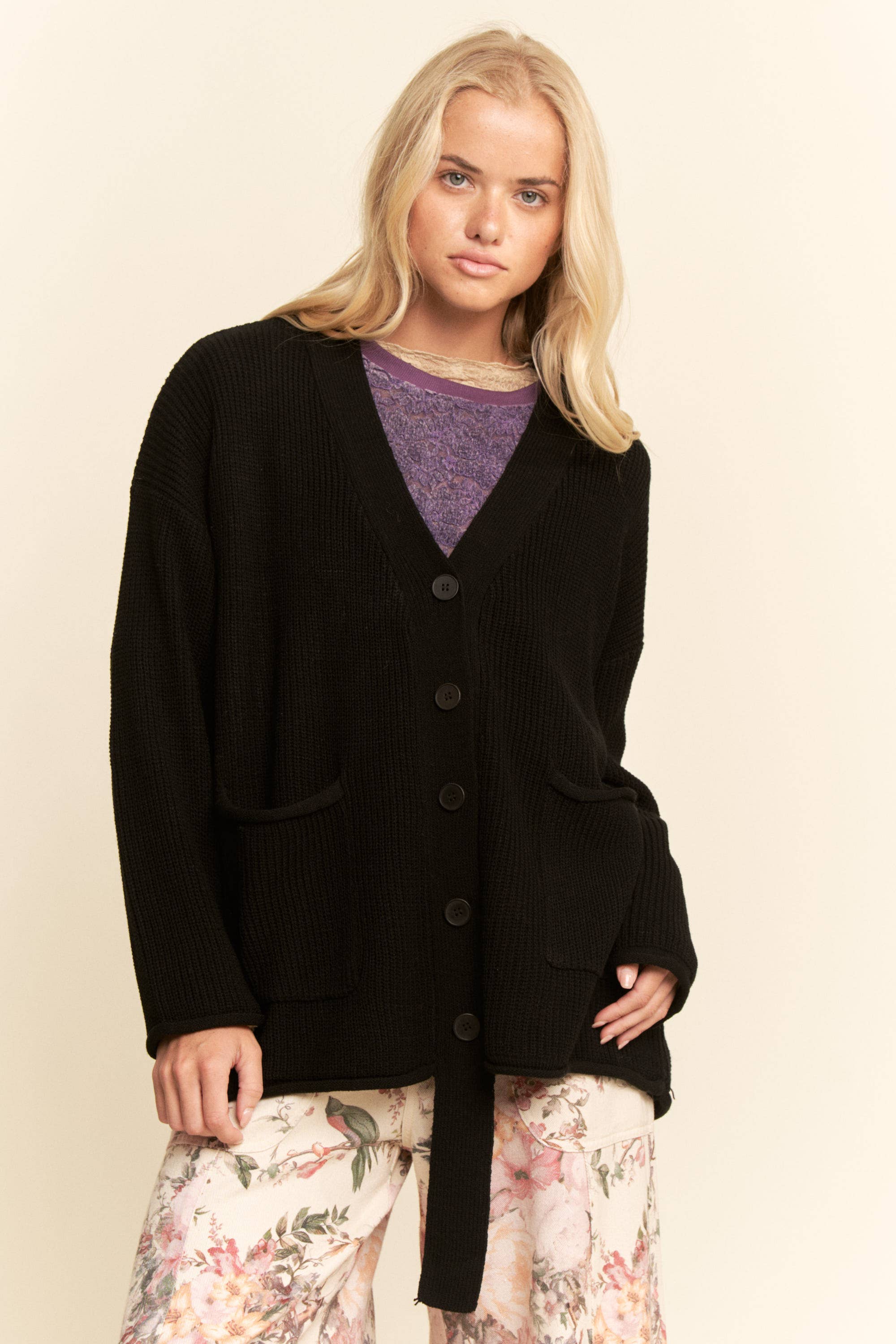 Black LONG OVERSIZED BUTTON-UP CARDIGAN RIBBED TEXTURE for wholesale on Faire1