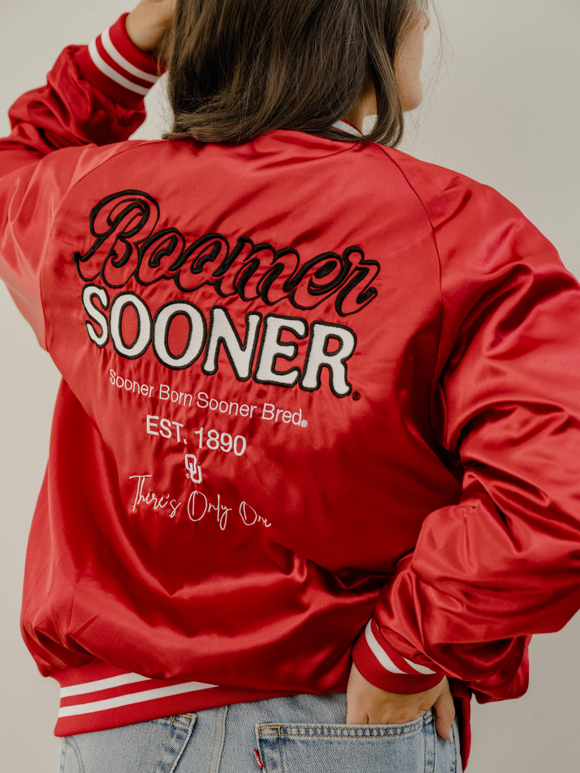 LivyLu - Wholesale Varsity/Baseball Jacket - Women's - OU Sooners Embroidered Satin Jacket