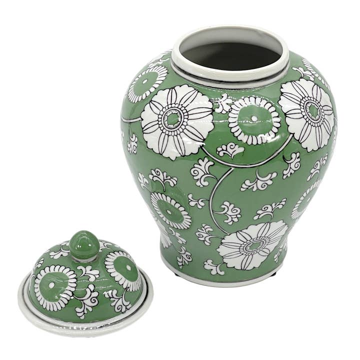 Galt International Company - Wholesale Decorative Jar - Green & White Ceramic Chinoiserie Jar 12"