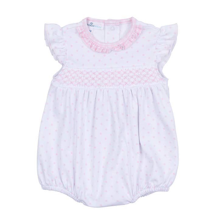 Gingham Dots Smocked Bubble in Pink for wholesale by Magnolia Baby