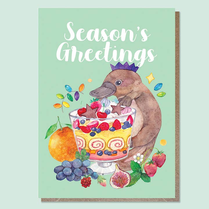 Platypus - Australian animals and food Christmas card for wholesale by Watercolour By Cat