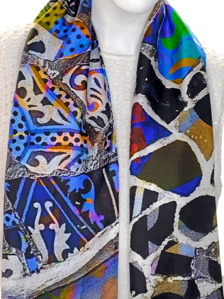 Silk Twill Scarf “Gaudi Mosaic” 150cmx50cm for wholesale by Bluyonda Silk Scarves