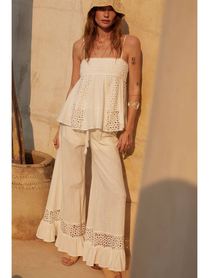 OFF WHITE Cotton and Crochet Lace Wide-Leg Ruffle-Hem Pants for wholesale on Faire