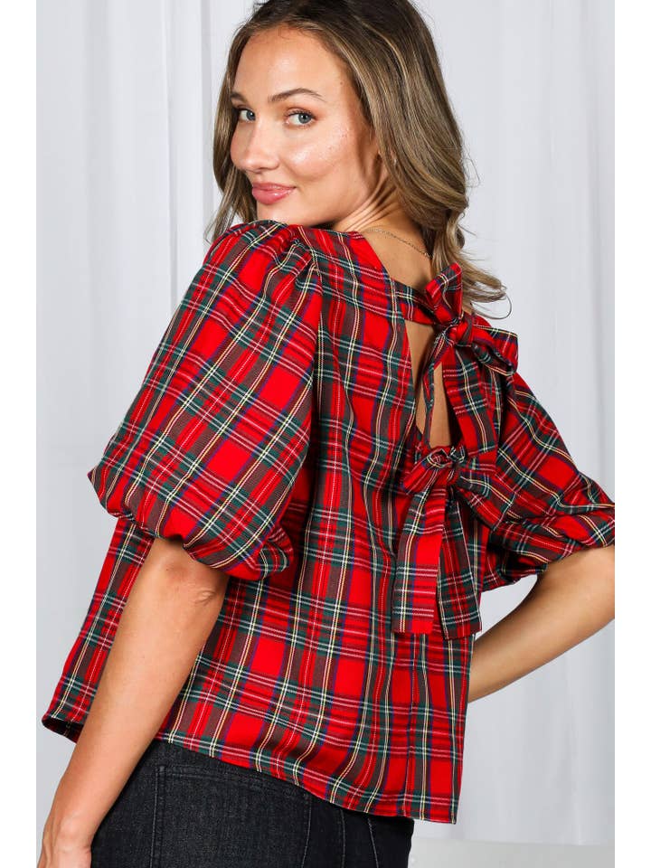 Vine & Love - Wholesale Blouse - Women's - V-Back 2 Bow Accent Feminine Plaid Blouse Top VT82621A13