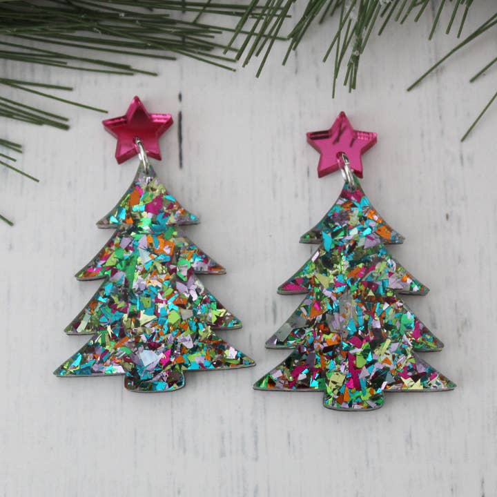 Christmas Tree Multi Confetti Dangle Earrings for wholesale by Pearl's Custom Creations