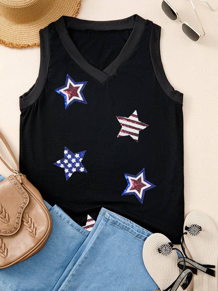 Black July 4th Sequin Star Patched V Neck Tank Top for wholesale on Faire