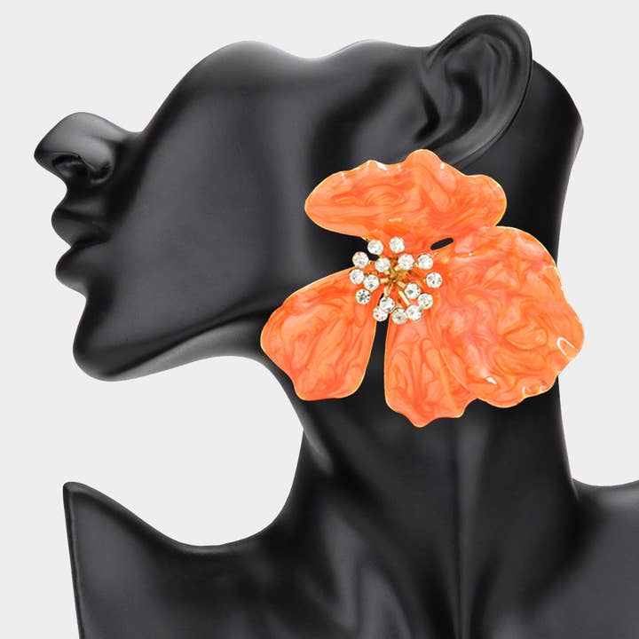 Sensibling Corp. - Wholesale Dangle Earrings - Oversized Stone Bud Enamel Petal Flower Earrings