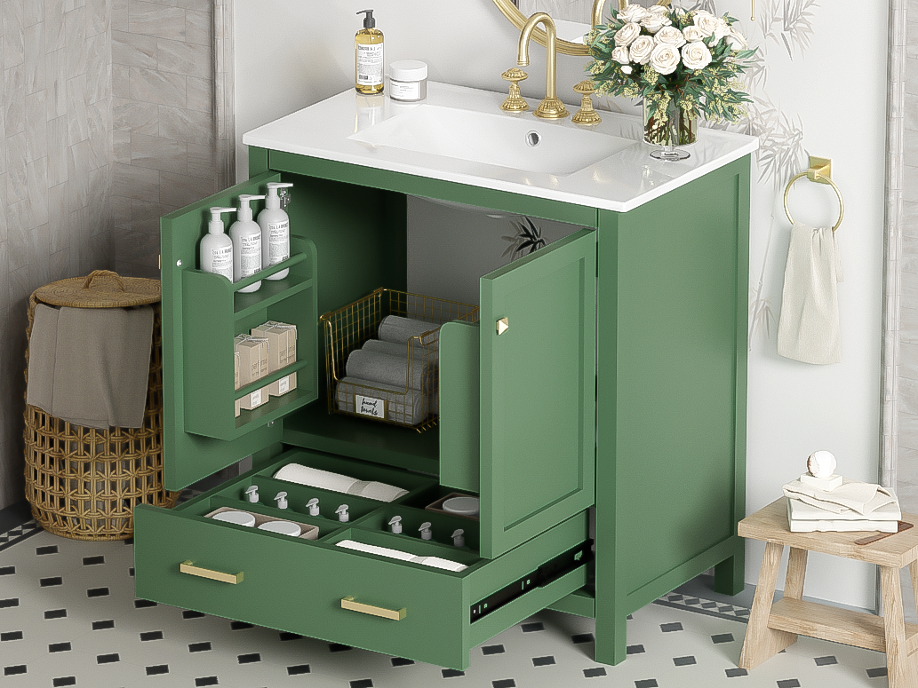 Orange County Decor - Wholesale Cabinet - 30 Inch Green Bathroom Vanity With Single Sink, Combination Under Counter Sink, Bathroom Storage Cabinet With 2 Doors And A Drawer, Soft Closure, Multifunctional Storage Wf324043 Green Bathroom22