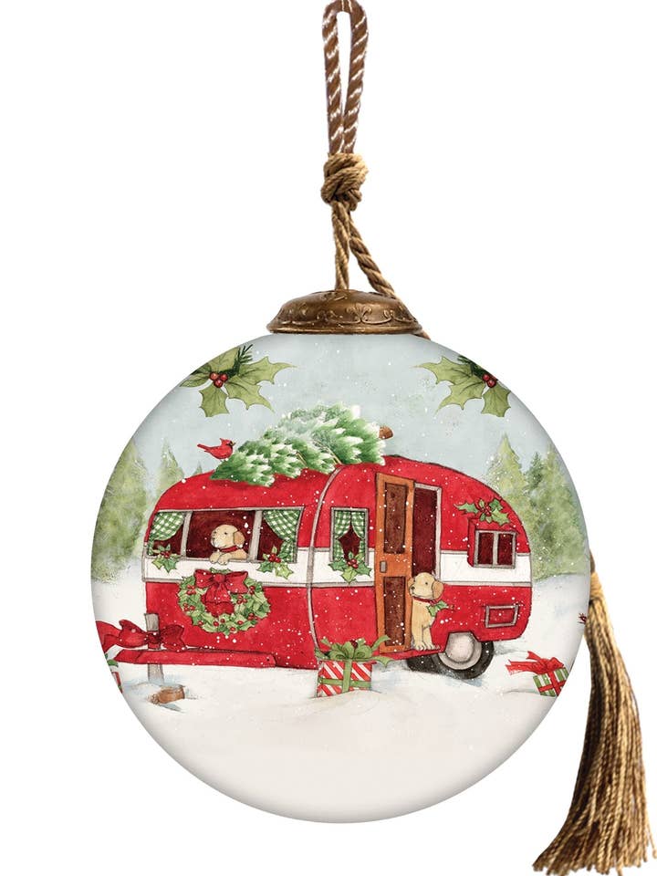 Ornamento di Natale in vetro da appendere Rosso Camper per la vendita all'ingrosso da parte di Inner Beauty Gifts