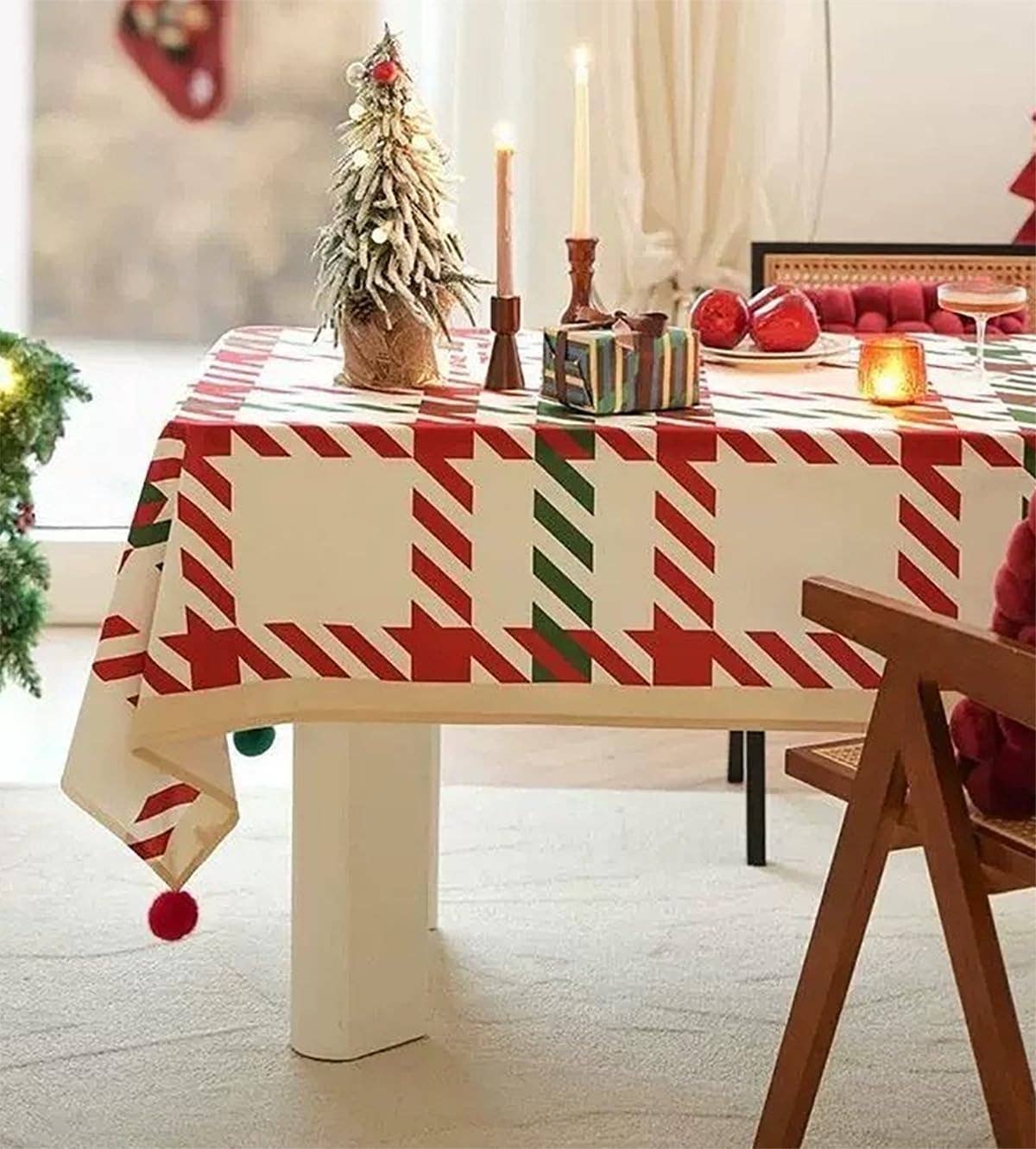 Fennco Styles - Wholesale Tablecloth - Classic Plaid Holiday Tablecloth with Pom-Poms3